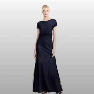 Adrianna Papell Beaded Blouson Gown in Navy With Black Beads
